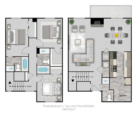 Floor plan for 3 beds, 2.5 baths, 1450 sqft